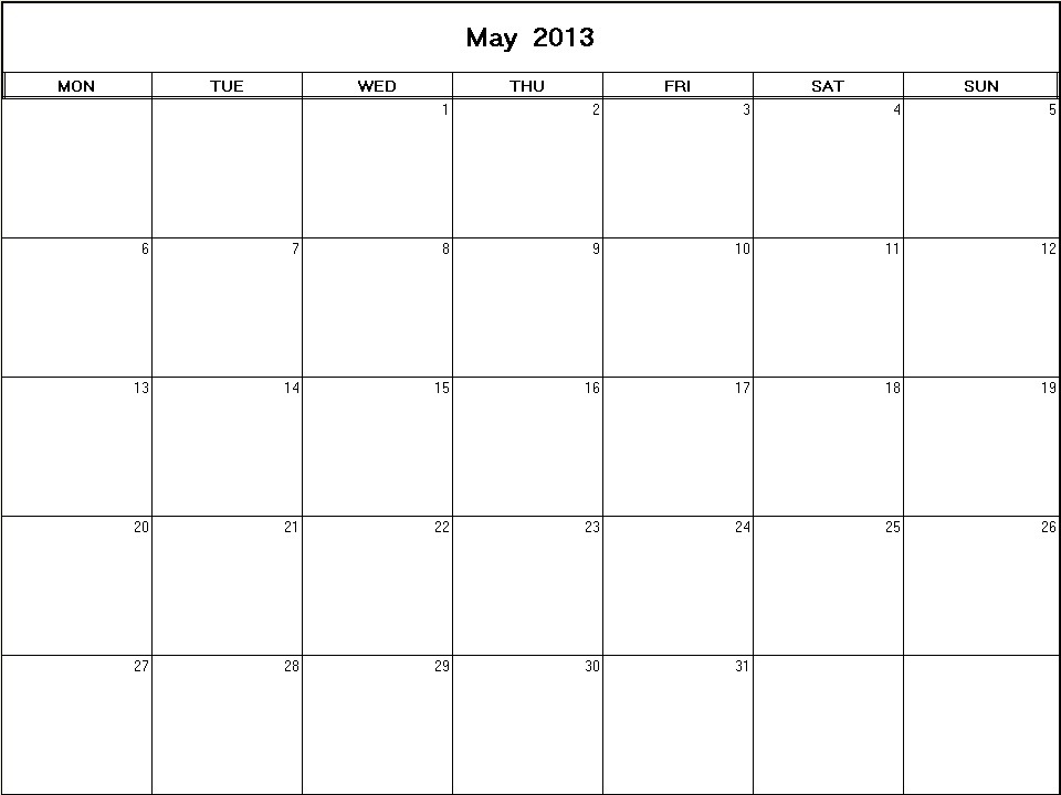 printable blank calendar image for May 2013