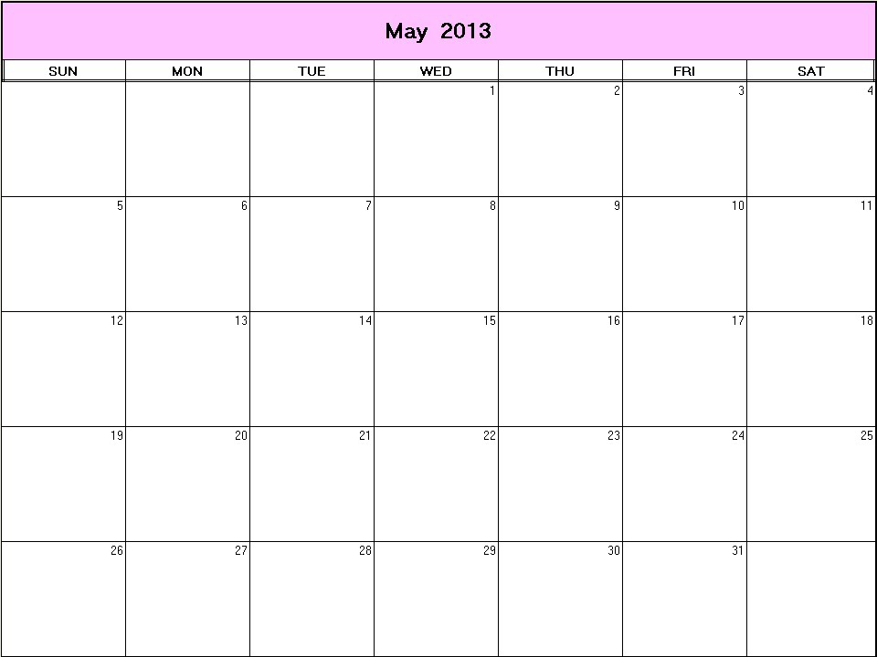 printable blank calendar image for May 2013