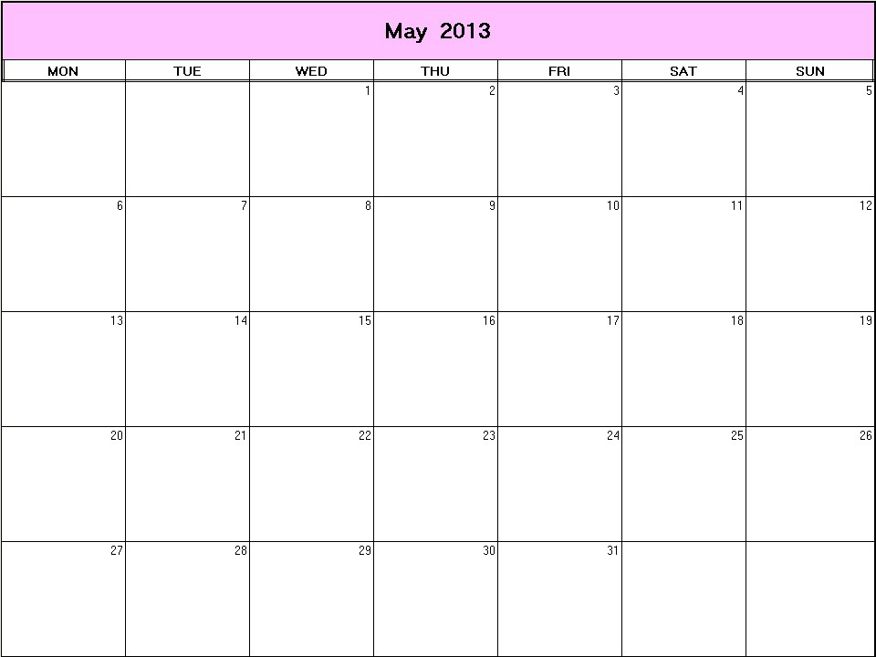 printable blank calendar image for May 2013