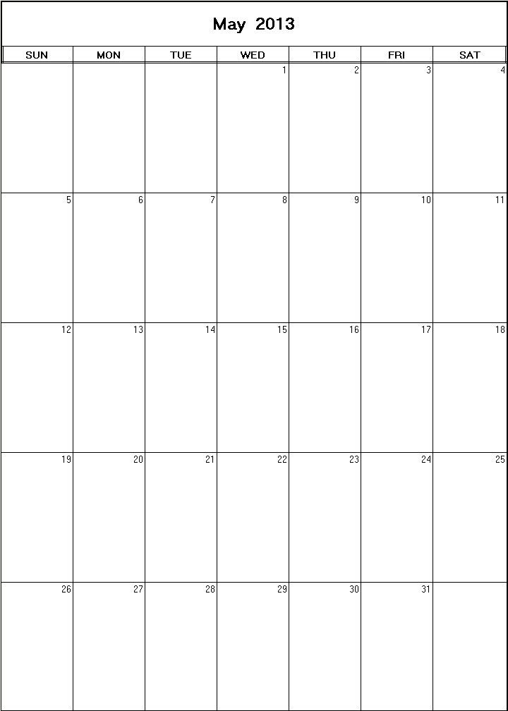 printable blank calendar image for May 2013