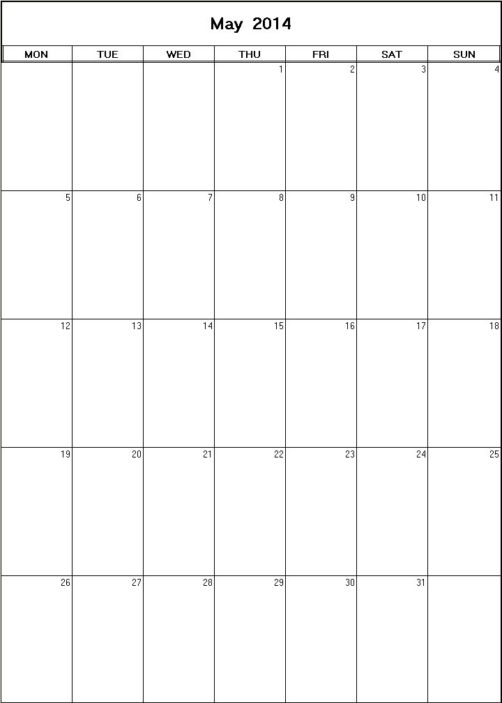 printable blank calendar image for May 2014