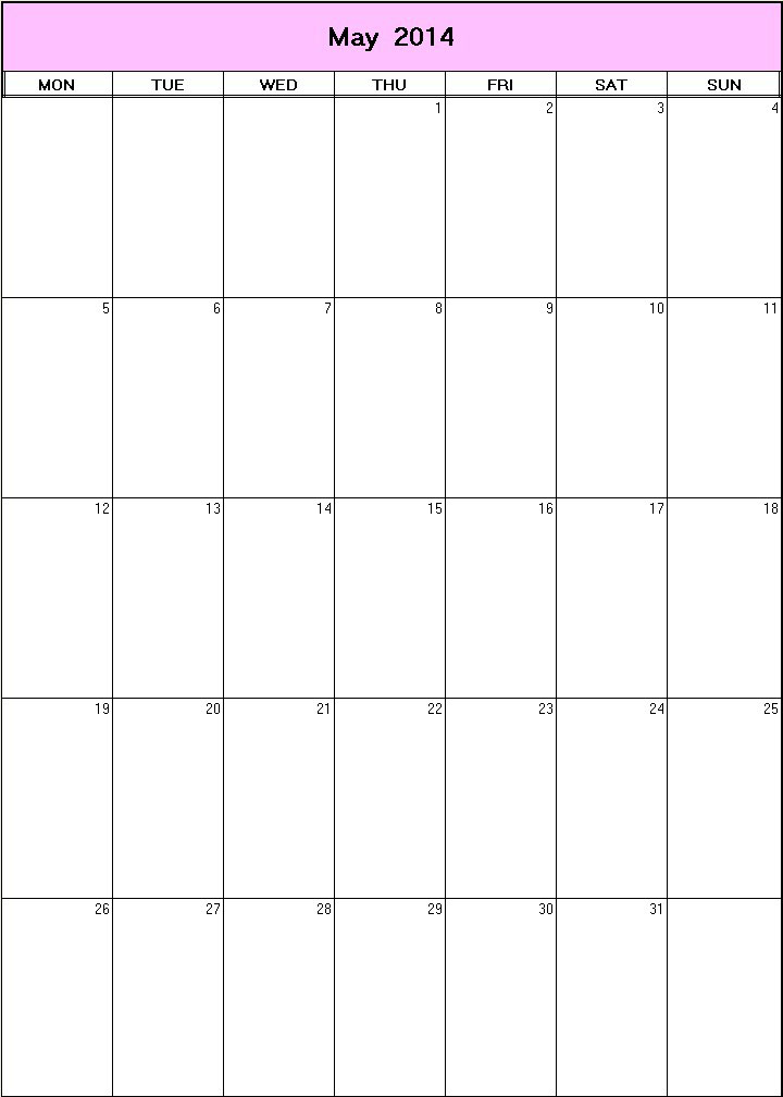 printable blank calendar image for May 2014