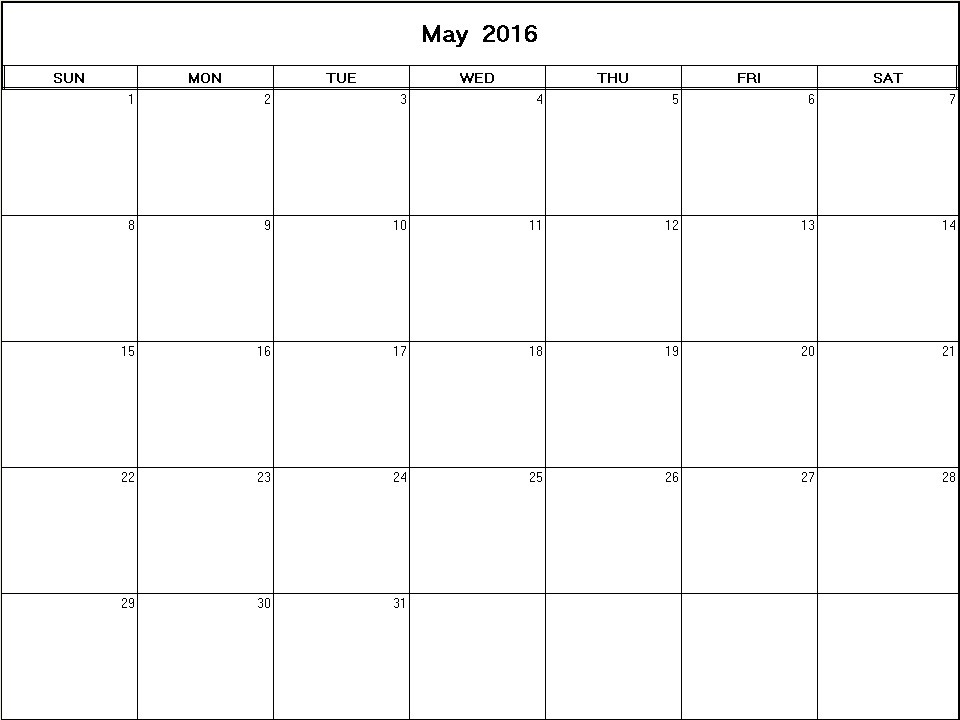 printable blank calendar image for May 2016