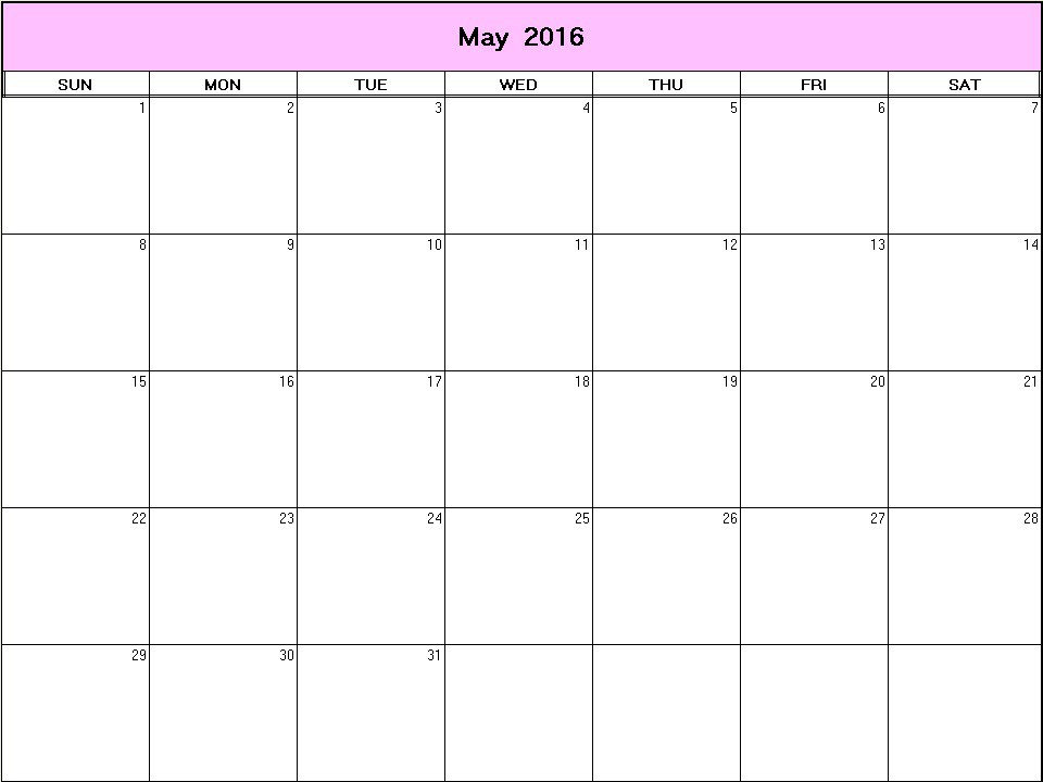 printable blank calendar image for May 2016