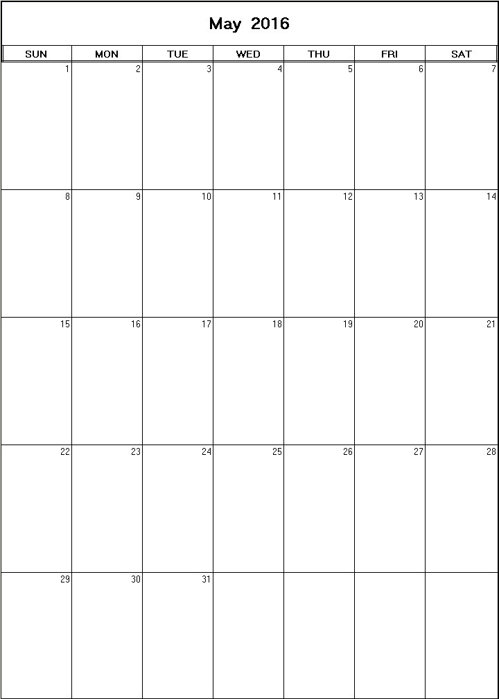 printable blank calendar image for May 2016
