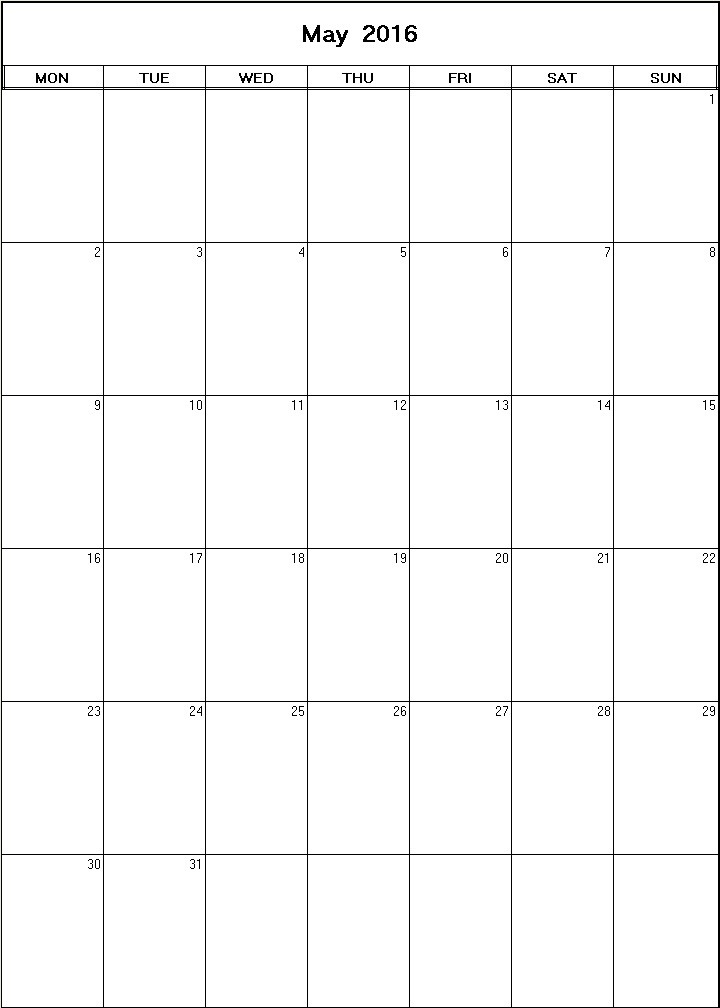 printable blank calendar image for May 2016