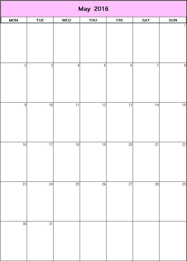 printable blank calendar image for May 2016