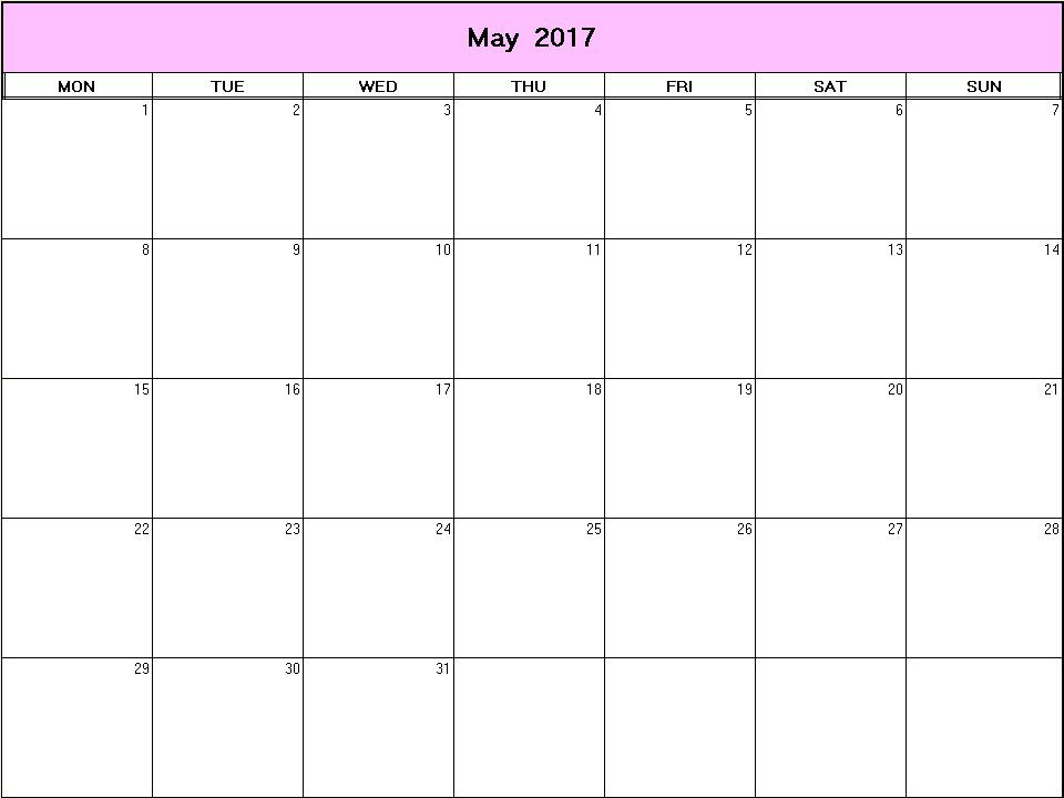 printable blank calendar image for May 2017