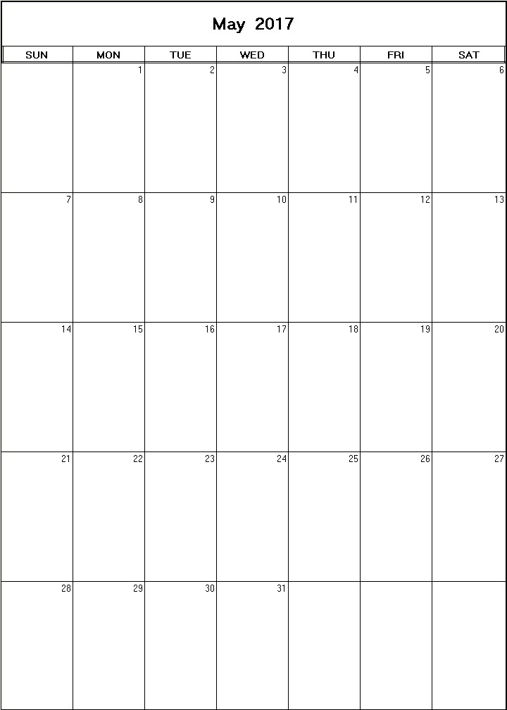 printable blank calendar image for May 2017