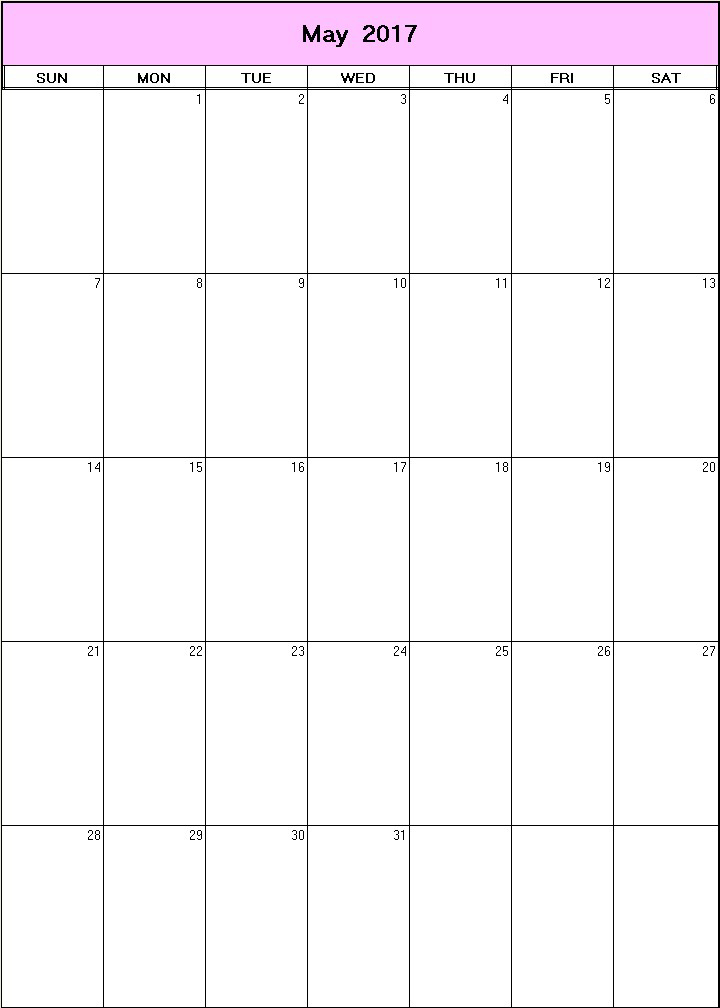 printable blank calendar image for May 2017
