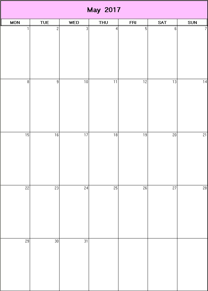 printable blank calendar image for May 2017