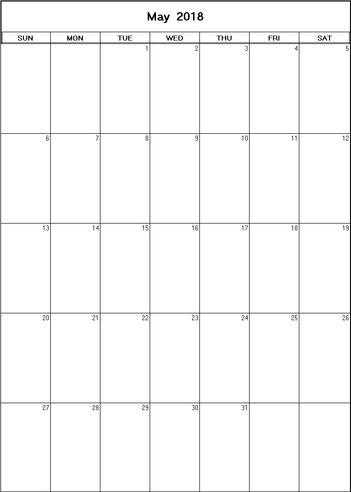 printable blank calendar image for May 2018