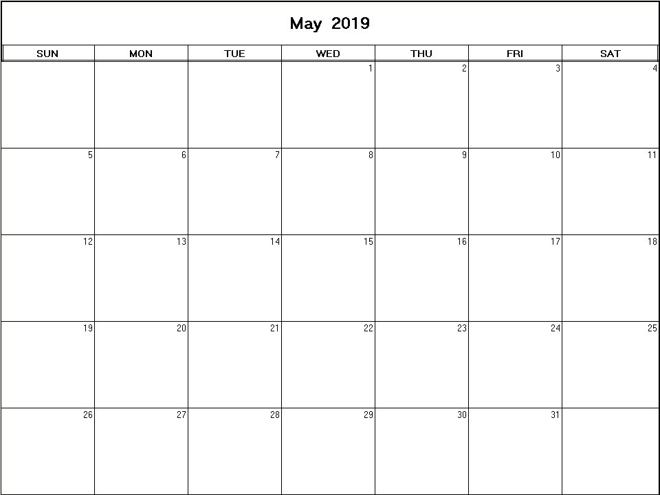 printable blank calendar image for May 2019