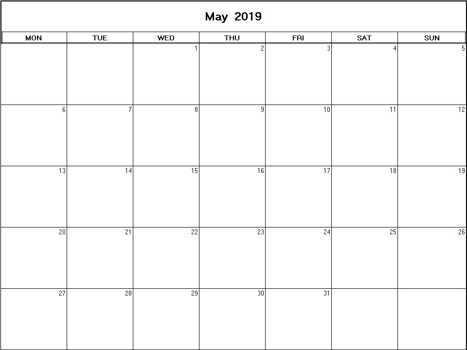 printable blank calendar image for May 2019