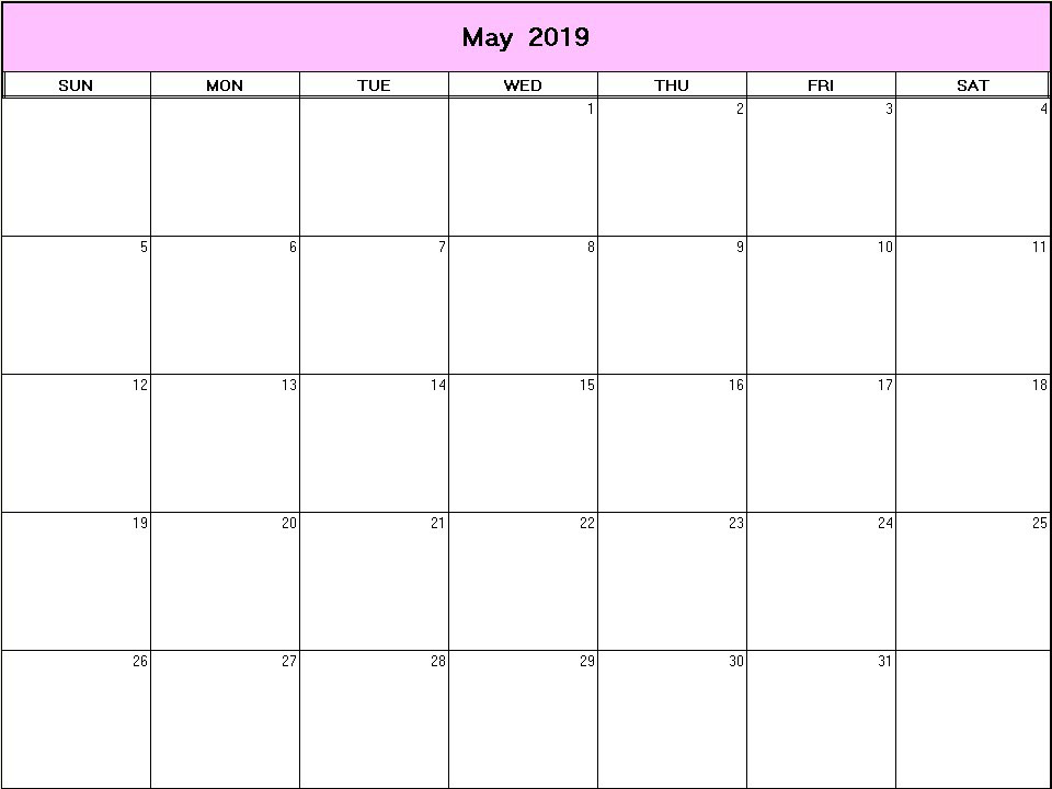 printable blank calendar image for May 2019