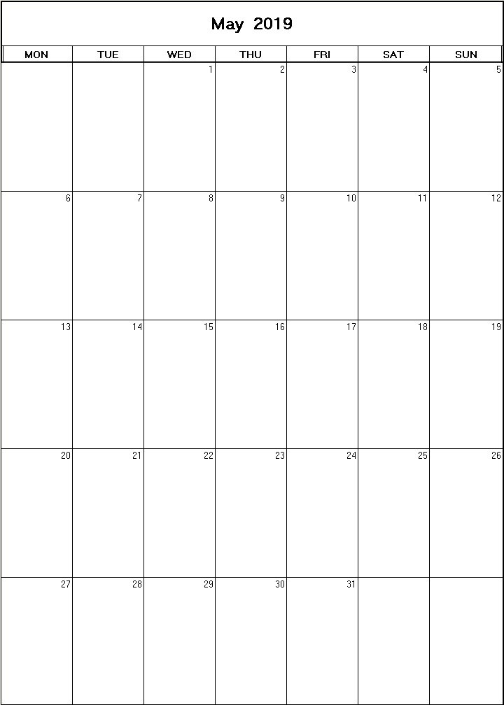 printable blank calendar image for May 2019