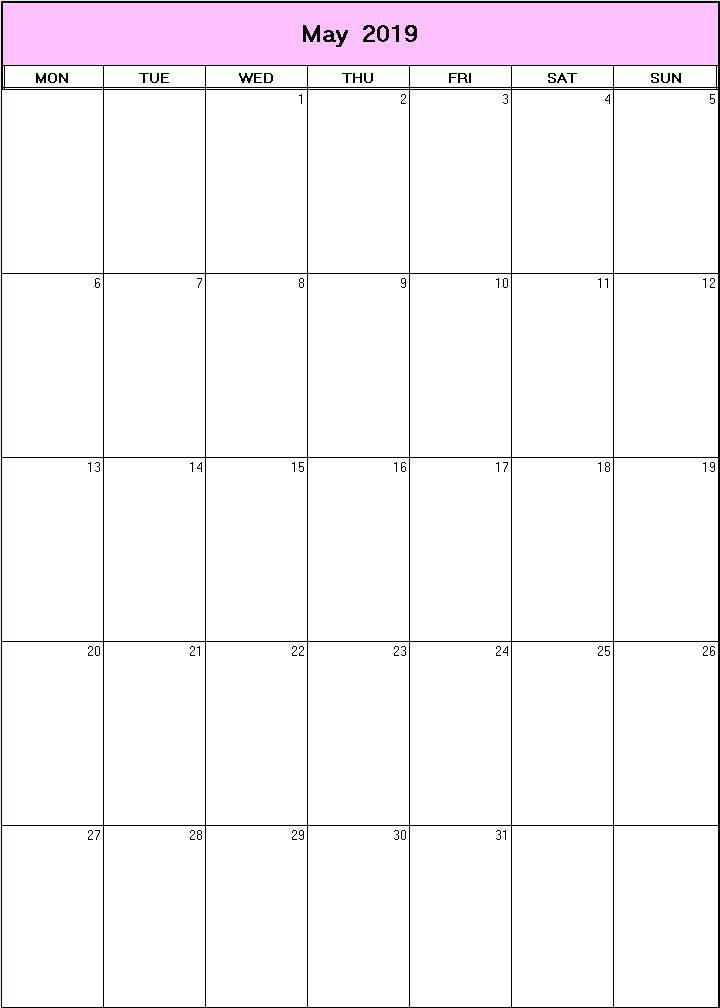 printable blank calendar image for May 2019