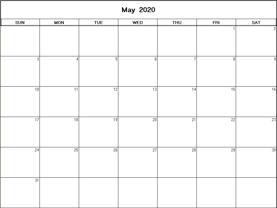 printable blank calendar image for May 2020