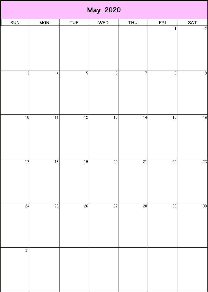 printable blank calendar image for May 2020