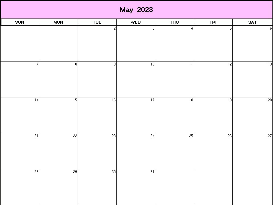 printable blank calendar image for May 2023