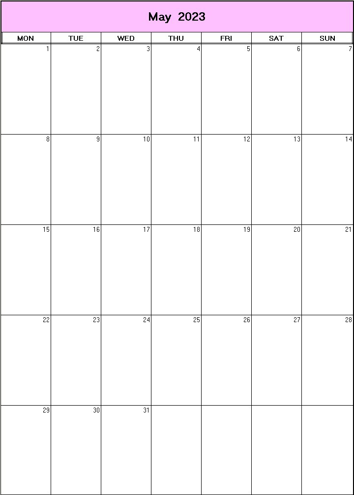 printable blank calendar image for May 2023