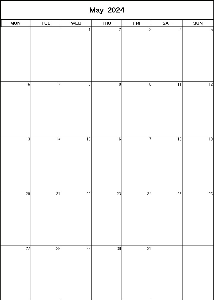 printable blank calendar image for May 2024