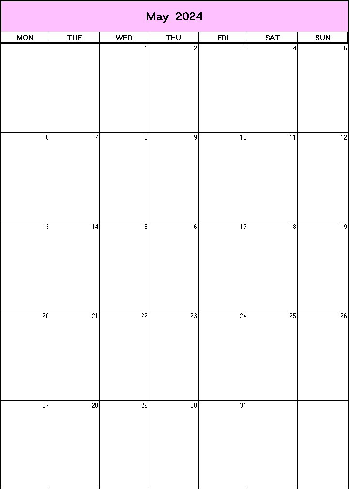printable blank calendar image for May 2024