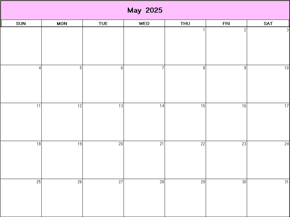 printable blank calendar image for May 2025