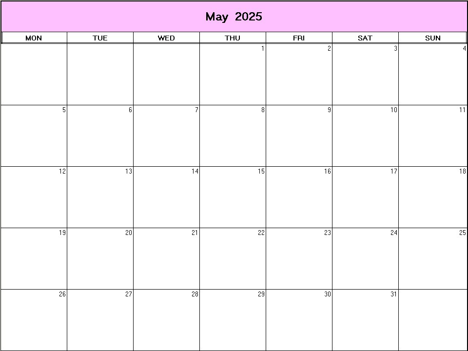 printable blank calendar image for May 2025