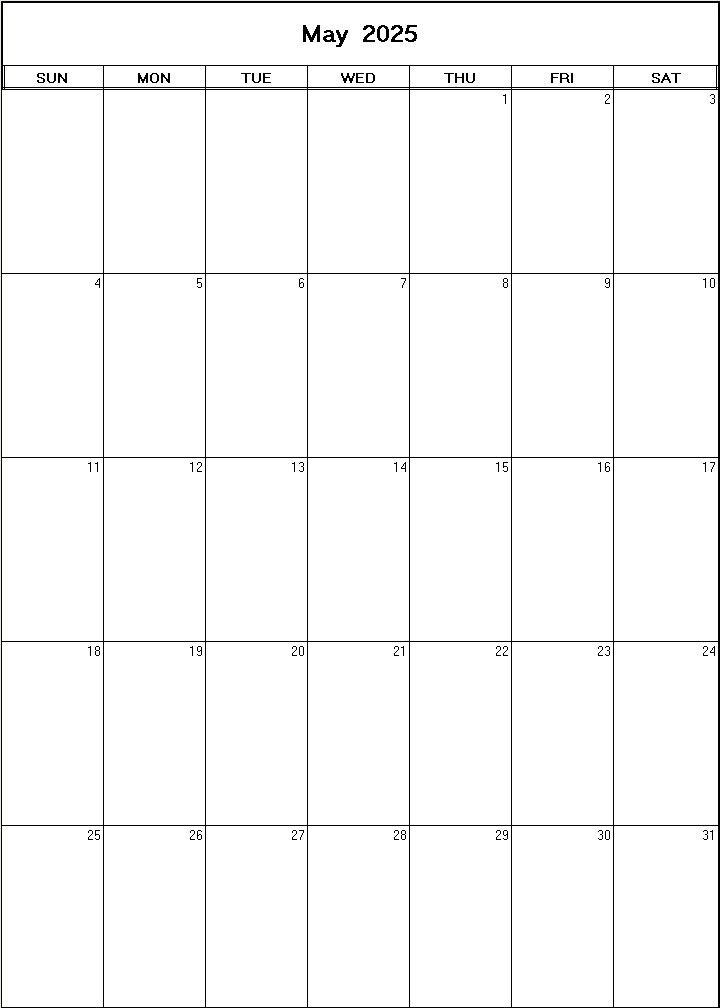 printable blank calendar image for May 2025