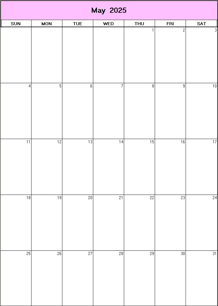 printable blank calendar image for May 2025