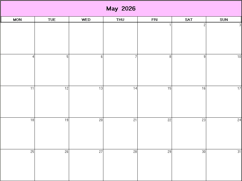 printable blank calendar image for May 2026