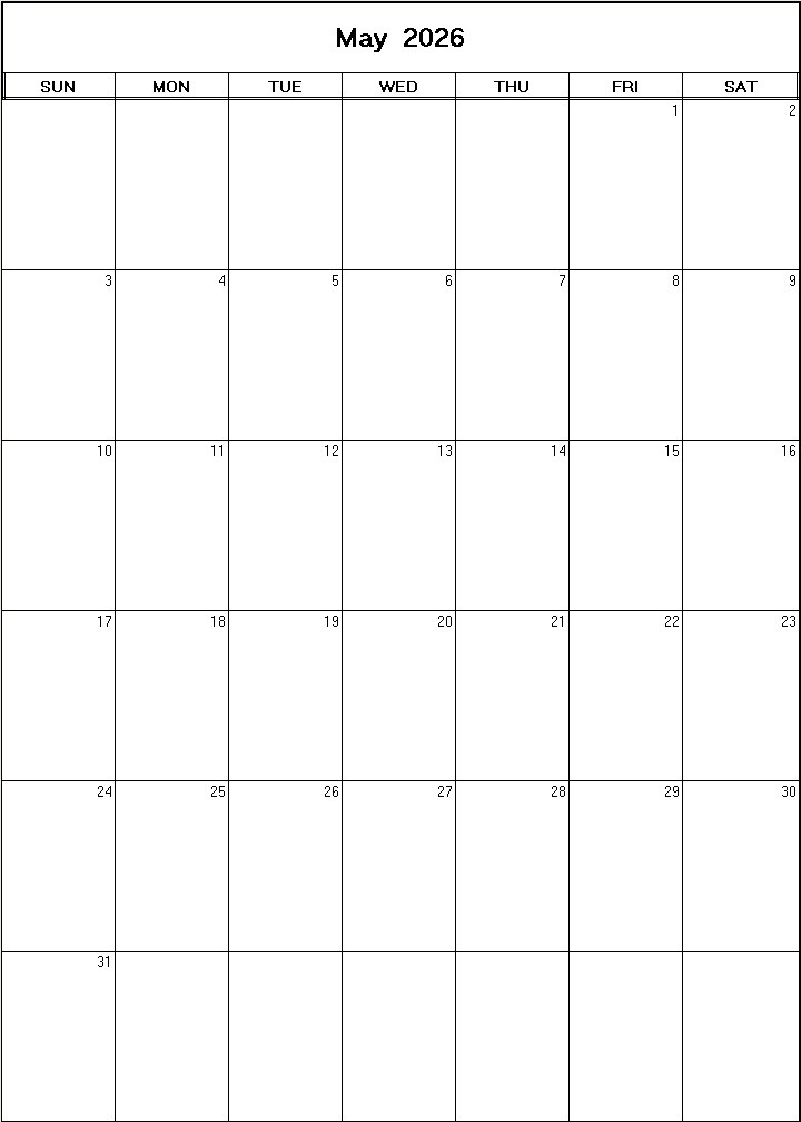 printable blank calendar image for May 2026