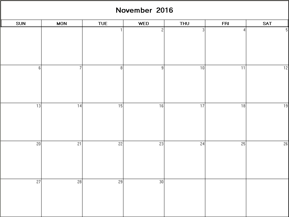 printable blank calendar image for November 2016