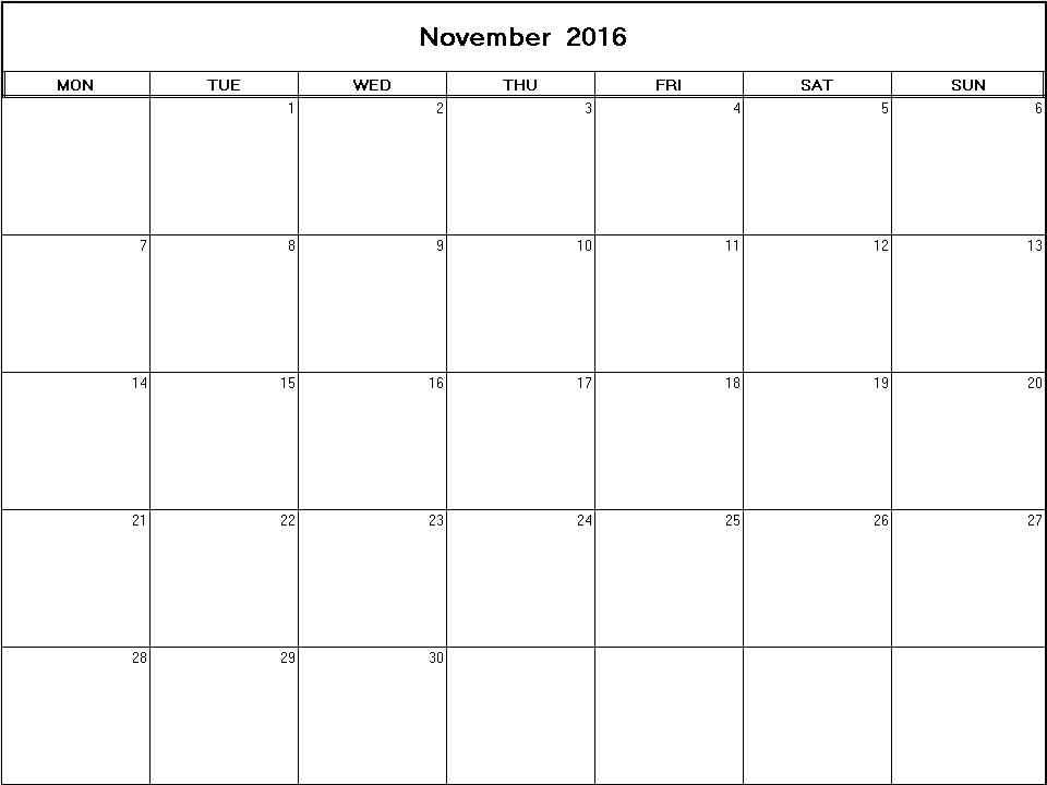 printable blank calendar image for November 2016