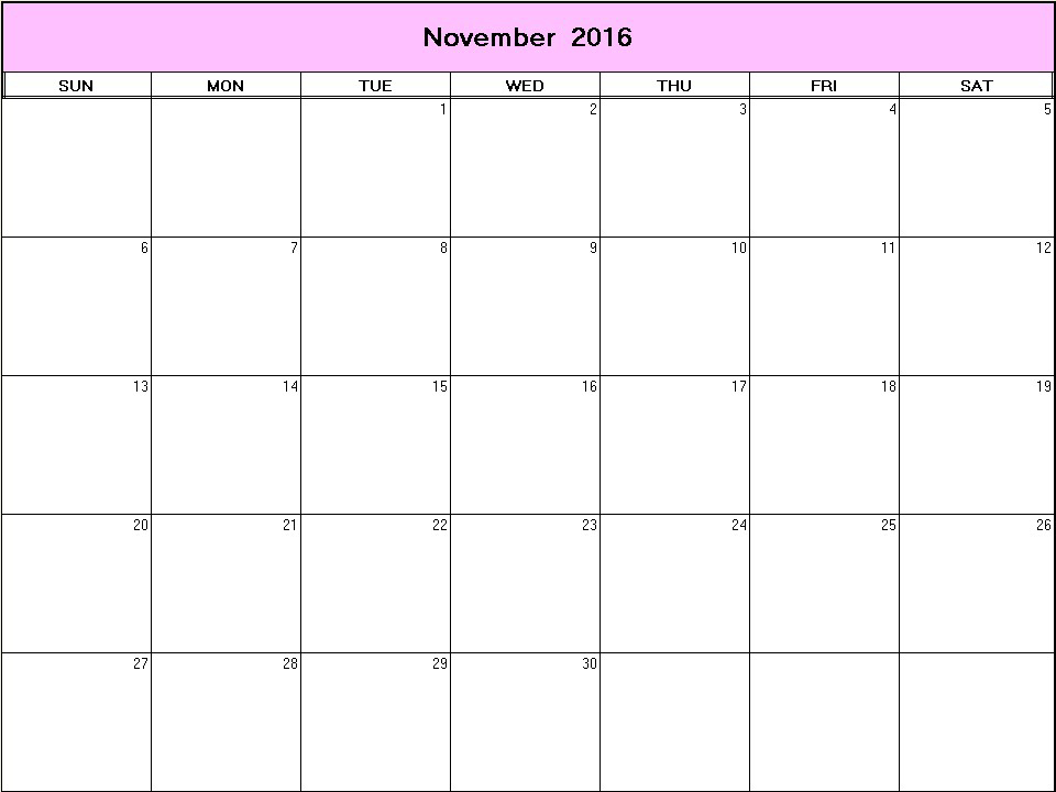 printable blank calendar image for November 2016
