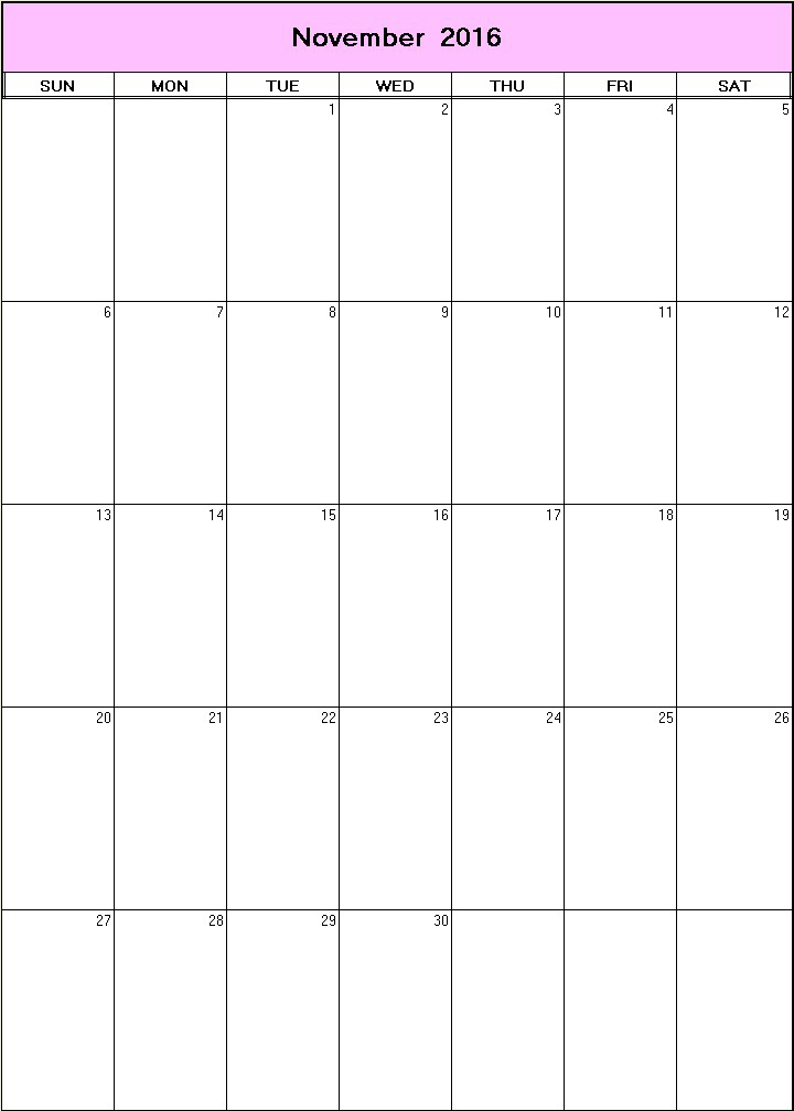 printable blank calendar image for November 2016