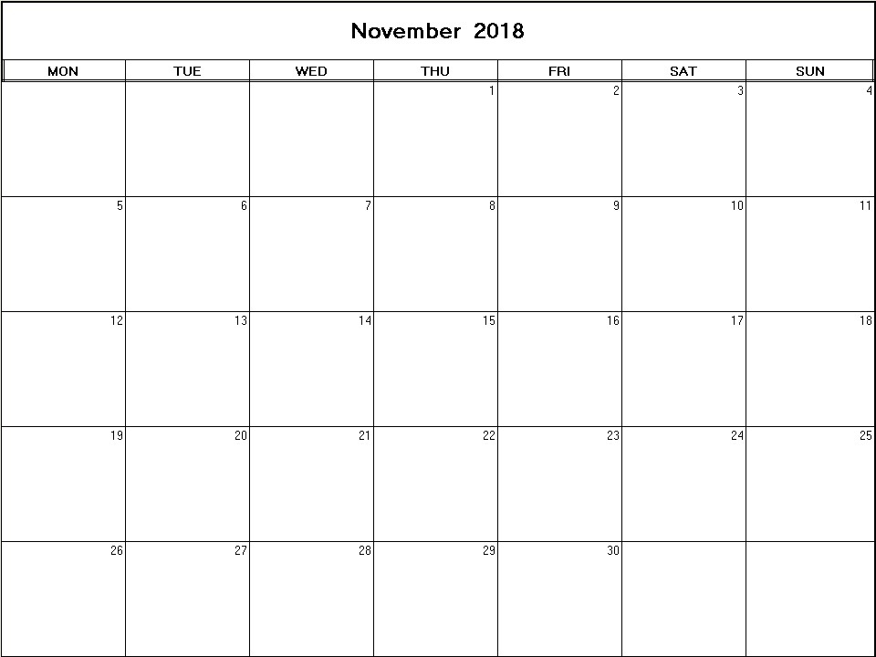 printable blank calendar image for November 2018