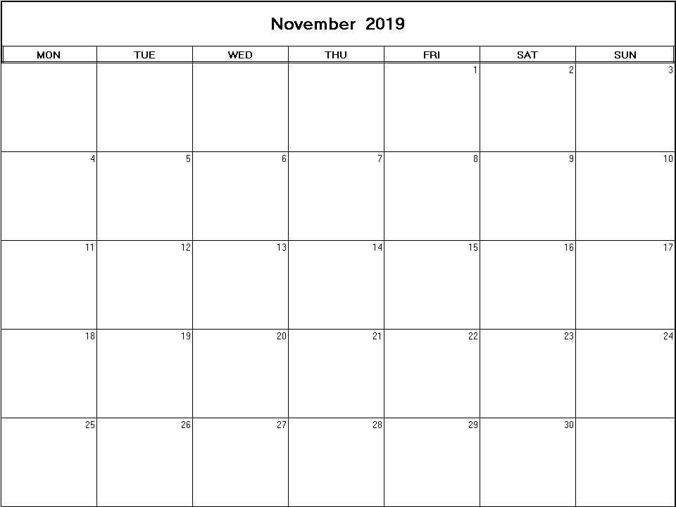 printable blank calendar image for November 2019