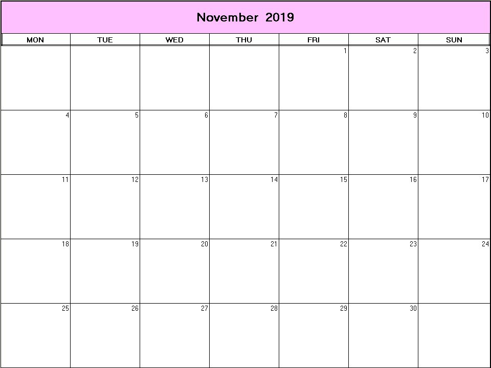 printable blank calendar image for November 2019