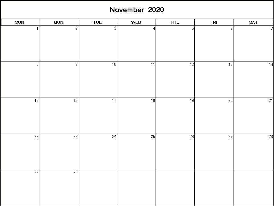 printable blank calendar image for November 2020