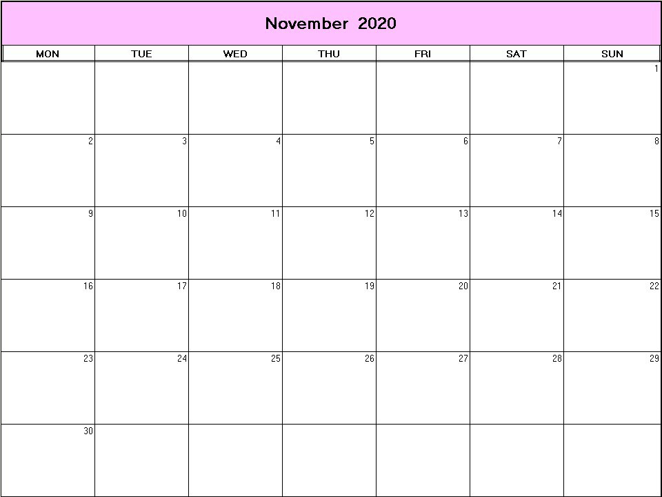 printable blank calendar image for November 2020