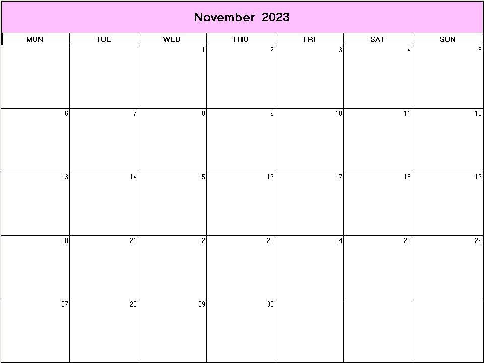 printable blank calendar image for November 2023