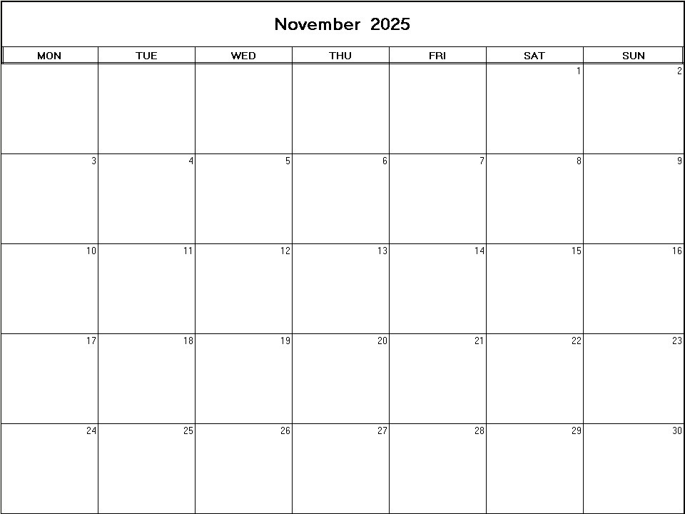 printable blank calendar image for November 2025