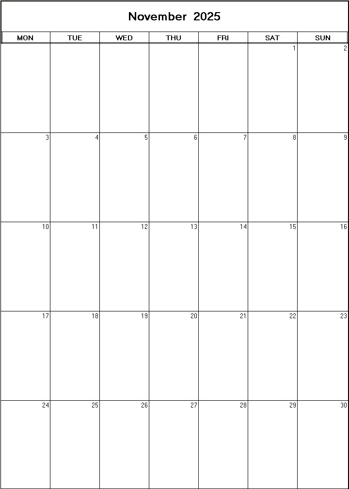 printable blank calendar image for November 2025