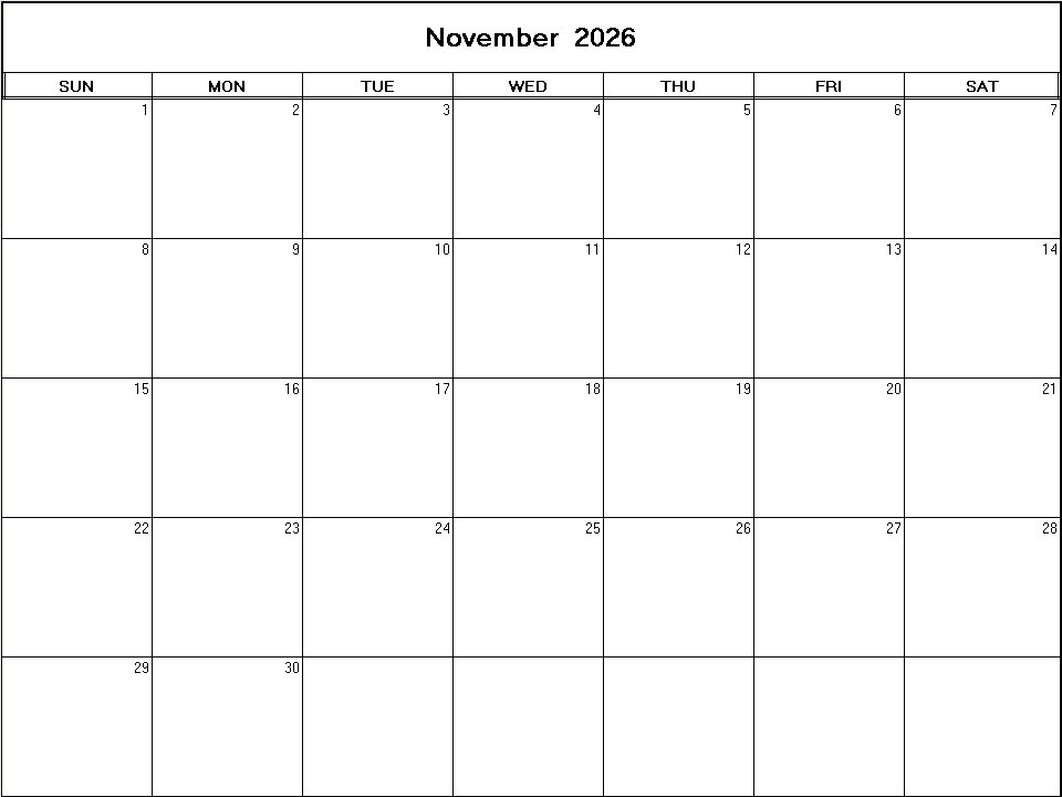 printable blank calendar image for November 2026