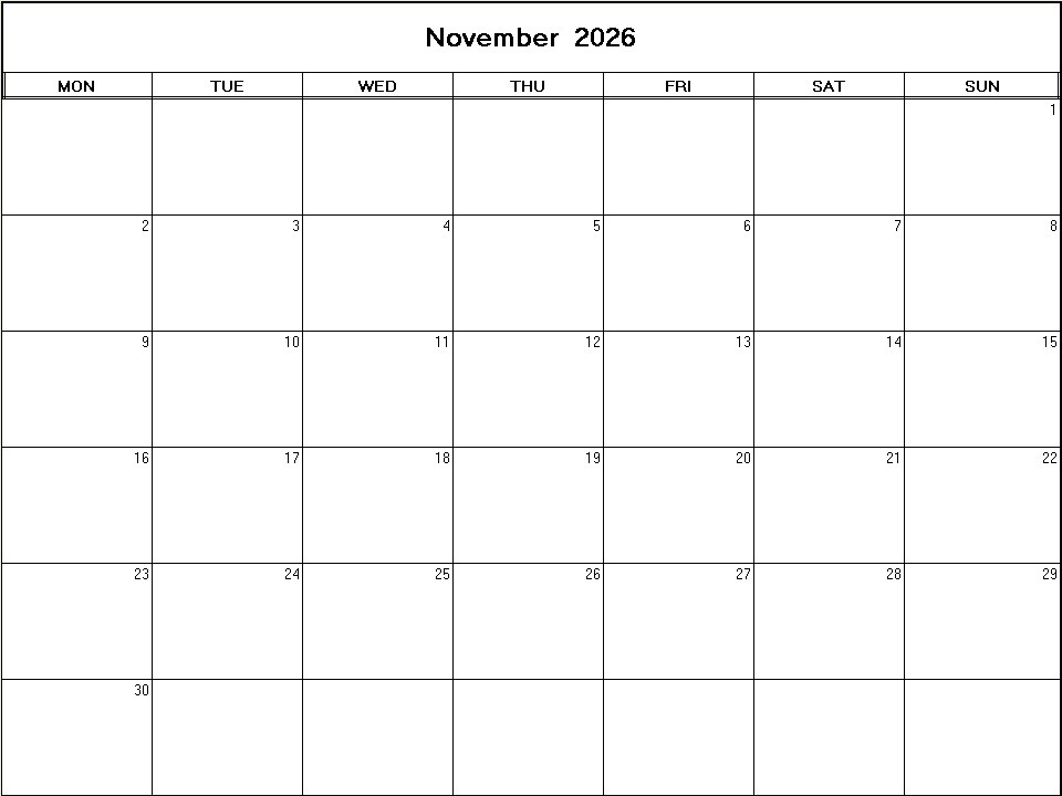 printable blank calendar image for November 2026
