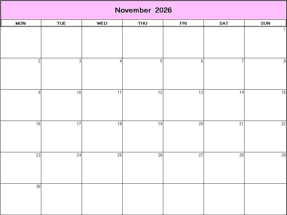 printable blank calendar image for November 2026