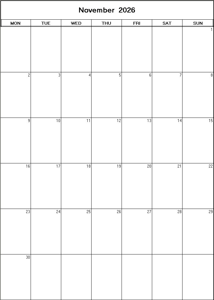 printable blank calendar image for November 2026