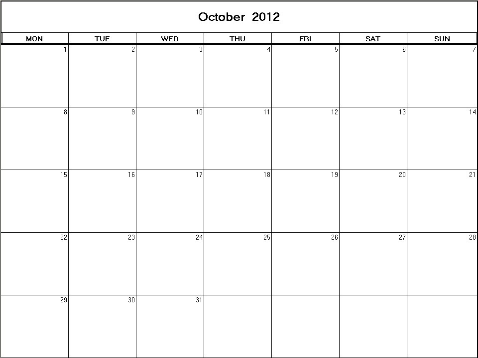 printable blank calendar image for October 2012